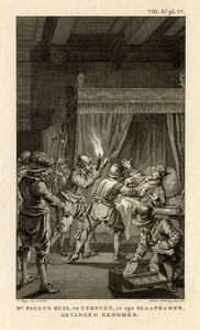 32328 Afbeelding van de raadpensionaris Paulus Buys die door soldaten van zijn bed wordt gelicht terwijl anderen ...